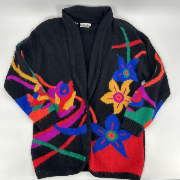 Vintage Rafaella Angora Cardigan Womens Size L Floral Graphic Black Vibrant 80s - Picture 2 of 10